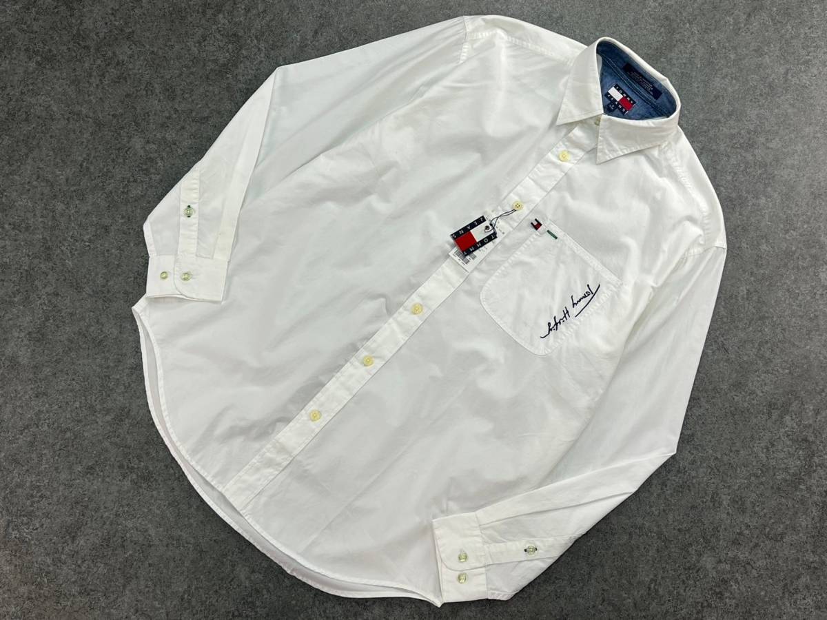 Wl438 新品 未使用 正規品 TOMMY JEANS トミーヒルフィガー 長袖 ポケット シャツ ワイシャツ 刺繍 白 ホワイト タグ付き メンズ _画像2
