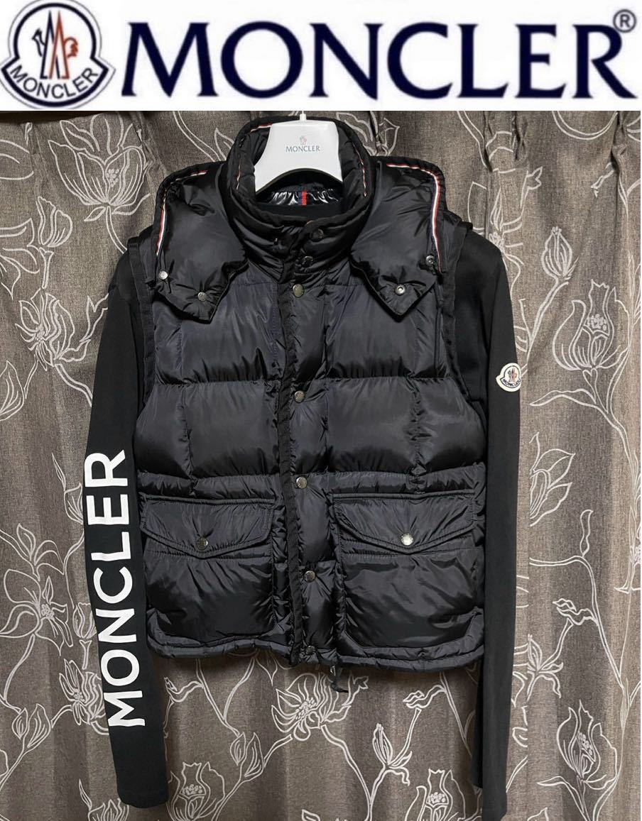 希少★MONCLER モンクレール TAPAJOS GILET トリコロール フード取り外し可能 ダウンベスト ネイビー L 2_画像1