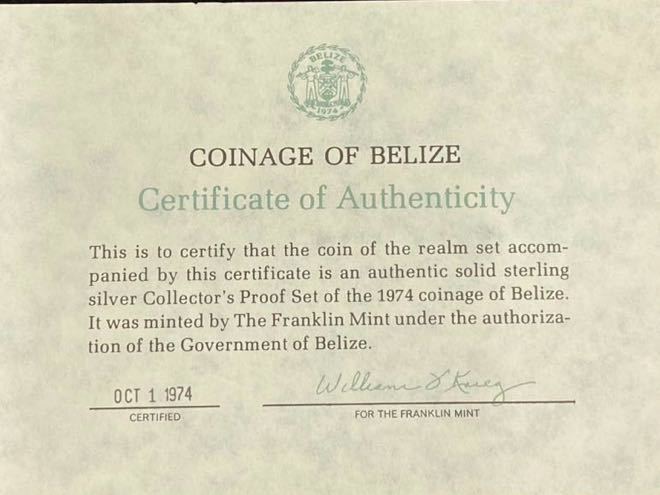 ベリーゼ国新貨幣プルーフセット1974年版 フランクリンミント社 美品 証明書付の画像5