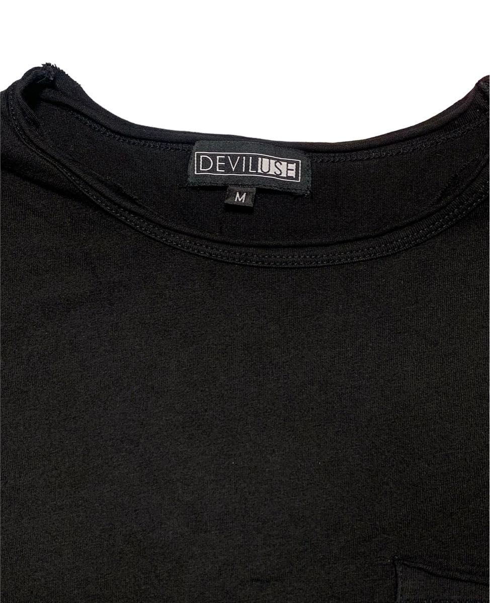 DEVLUSEデビルユース　デザイン加工　胸ポケットTシャツＭ クルーネック 半袖Tシャツ 黒