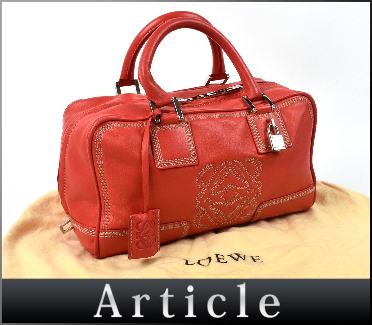 165854◆ LOEWE ロエベ アナグラム アマソナ28 ハンドバッグ レザー サーモンレッド レッド オレンジ ピンク レディース 保存袋付/ B_画像1