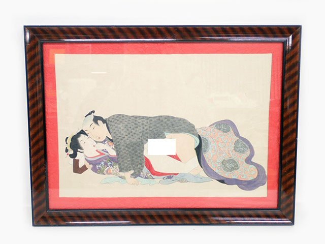浮世絵 春画 枕絵　木製額入り 額装品　骨董品 時代物 日本画 和紙　(管理番号AZ-129)_画像1