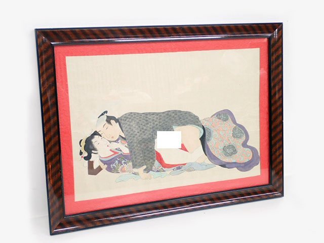 浮世絵 春画 枕絵　木製額入り 額装品　骨董品 時代物 日本画 和紙　(管理番号AZ-129)_画像2