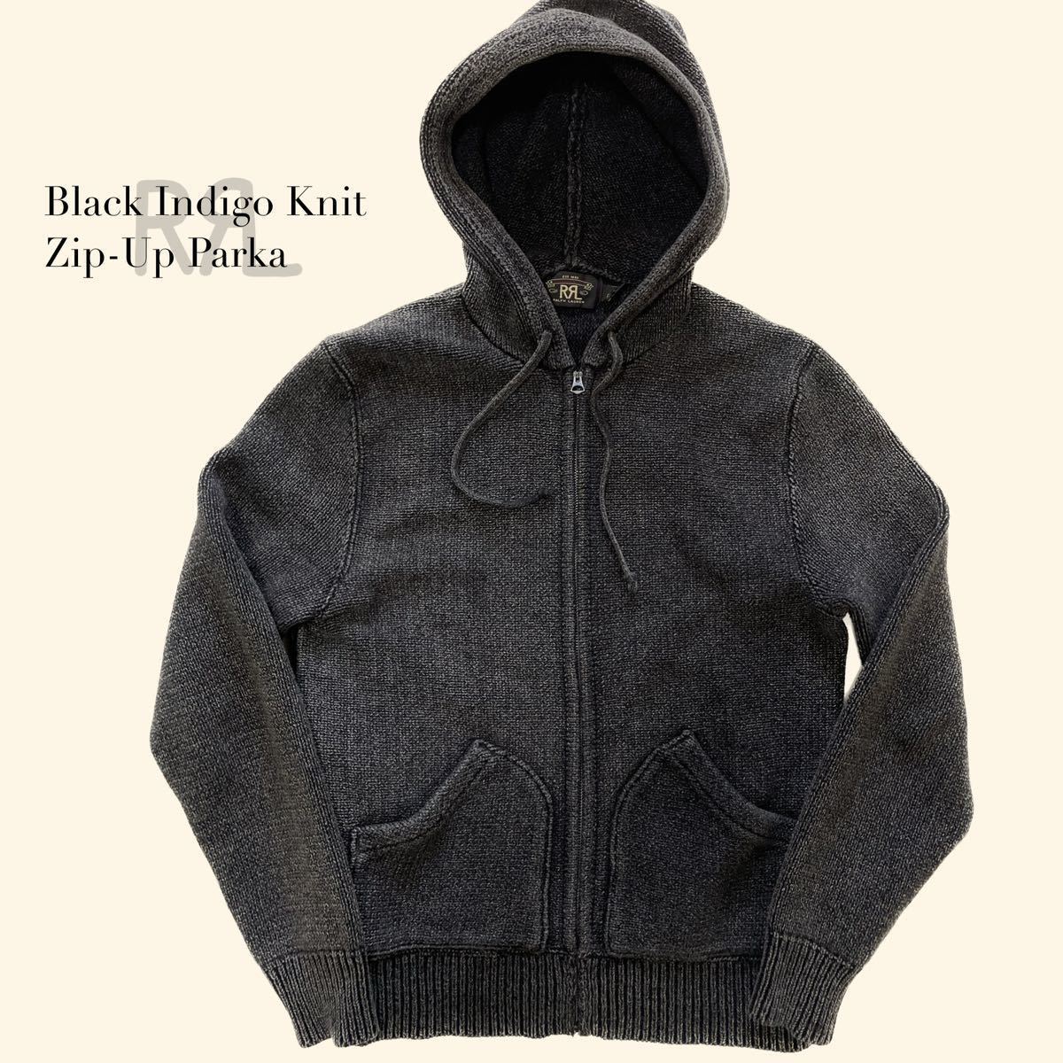 【傑作】RRL “Black Indigo Knit Zip UP Parka” M ブラック インディゴ ニット パーカー Ralph Lauren ヴィンテージ_画像1