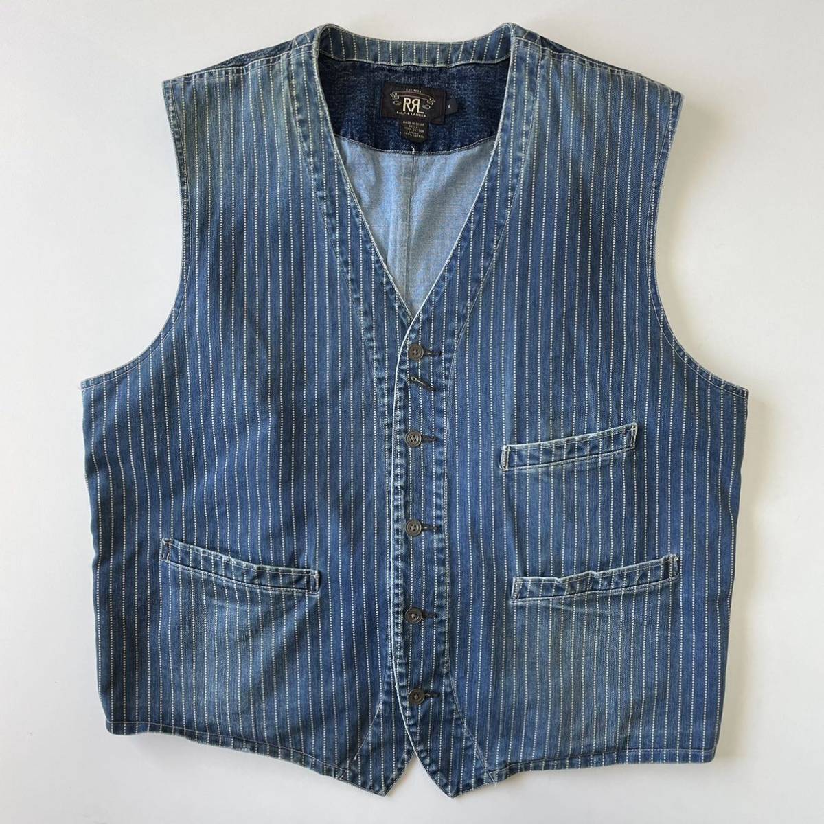 【名作】RRL “Wabash Striped Vest” XL ワバッシュ ウォバッシュ ストライプ ワーク インディゴ ベスト Ralph Lauren ヴィンテージの画像4