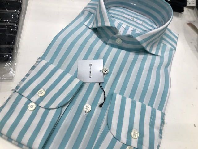 SUITSELECT☆ミントグリーンストライプ形態安定ワイシャツ　ホリゾンタル　M(39-80)　ちょっとの傷としみ_画像1