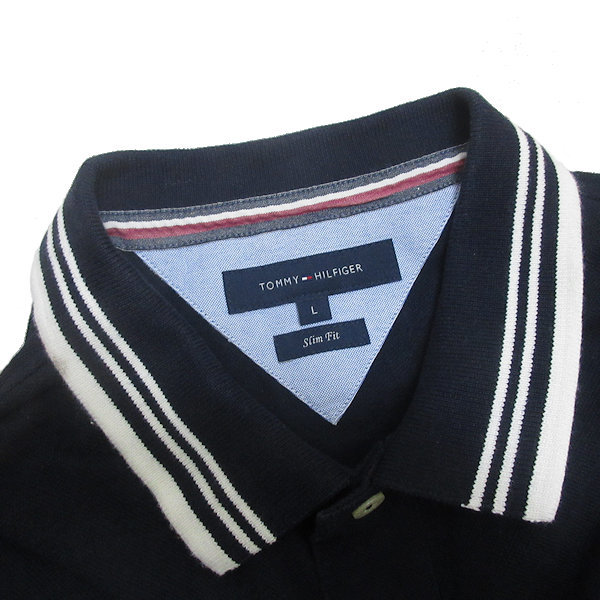 G■トミーヒルフィガー/TOMMYHILFIGER　半袖ポロシャツ/鹿の子地【L】紺/men's/70【中古】■_画像2