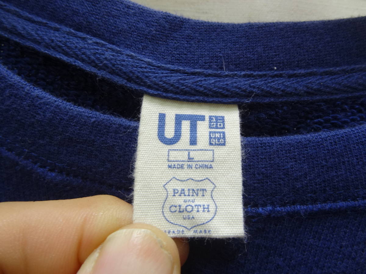 全国送料無料 ユニクロ UNIQLO PAINT＆CLOTH USA レディース 紺色 左胸プリント 前V付きクルーネックスウェットシャツ Lサイズ