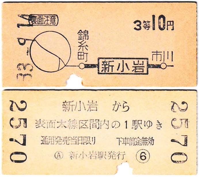 国鉄　地図式乗車券　£271　昭和33年　新小岩　→　10円区間　３等_お譲りするすべてです（表裏）