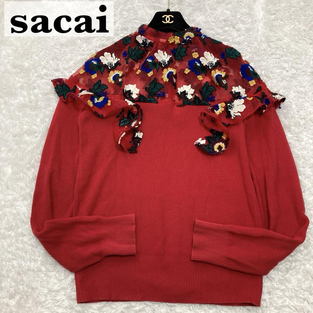 美品 sacai サカイ レース切替 ニット セーター 刺繍 花柄 美品 sacai サカイ レース切替 ニット セーター 刺繍 花柄