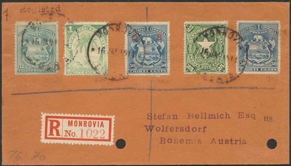 外国切手　封筒　カバー　エンタイヤ　リベリア　5種貼　オーストリア宛　書留　MONROVIA 16 JAN 14