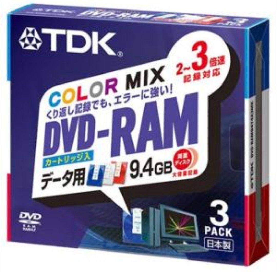 TDK DVD-RAMデータ用 2~3倍速対応TYPE4カートリッジ仕様9.4GB カラーミックス3枚パック