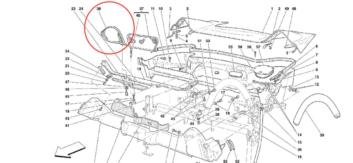 フェラーリ360スパイダー 左側WINDSTOP LATERALE 新品未使用_38番の部品です