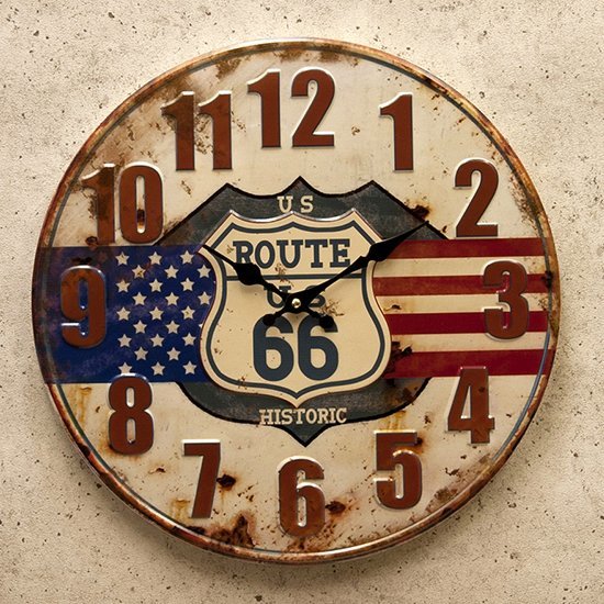 【HISTORIC】※《アンティークエンボスクロック・US ROUTE66》　アメリカン雑貨　ブリキ看板　メタルサイン　時計_画像1