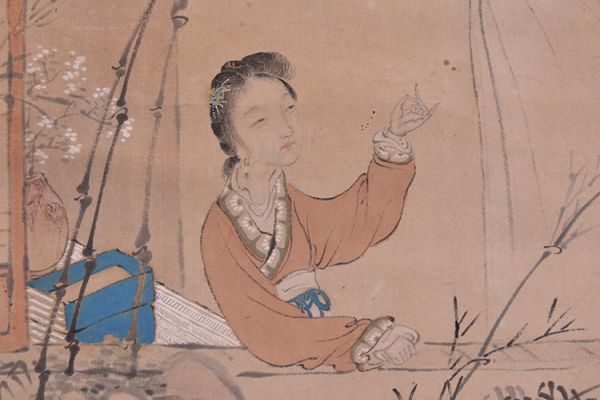 【瓢】 杏春　「瀟湘鸚語」　中国美人図　鸚鵡　掛け軸_画像4