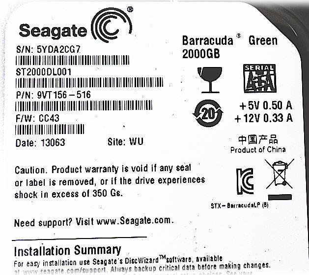 ■P58 良品♪ Seagate 3.5インチ ハードディスク 2TB ST2000DL001 電源回数16回/99時間/5900rpm USED■_画像3