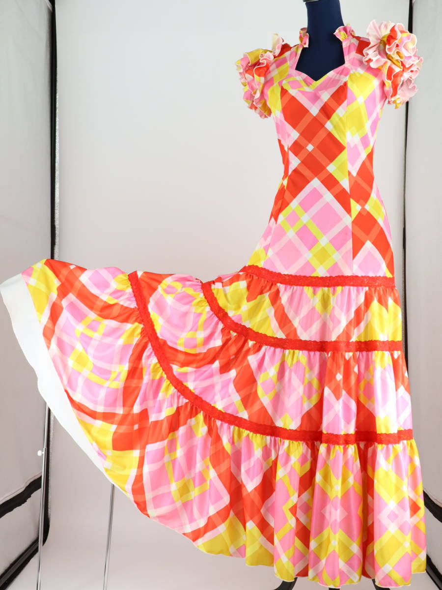 [ free shipping ][ beautiful goods flamenco costume ]... multicolor pattern × shoulder frill dress . pad attaching on a grand scale spread hem Flamenco tango 