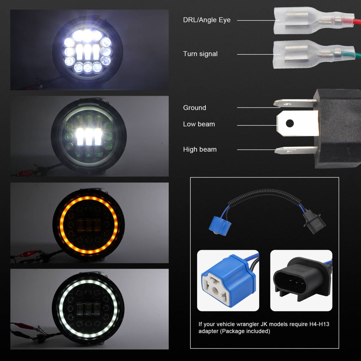 7インチ LEDヘッドライト ホワイト H4 ジープラングラーJK TJ LJ ラウンドヘッドライト Hi/LoビームとDRLアンバーウィンカーライト付き 2個_画像5