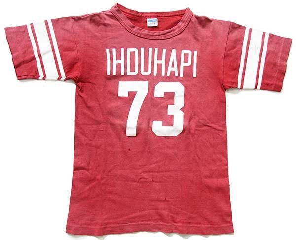 ★70s USA製 Championチャンピオン IHDUHAPI 73 ナンバリング コットン フットボールTシャツ 赤 フェード ボーイズL★ビンテージ バータグ_画像2