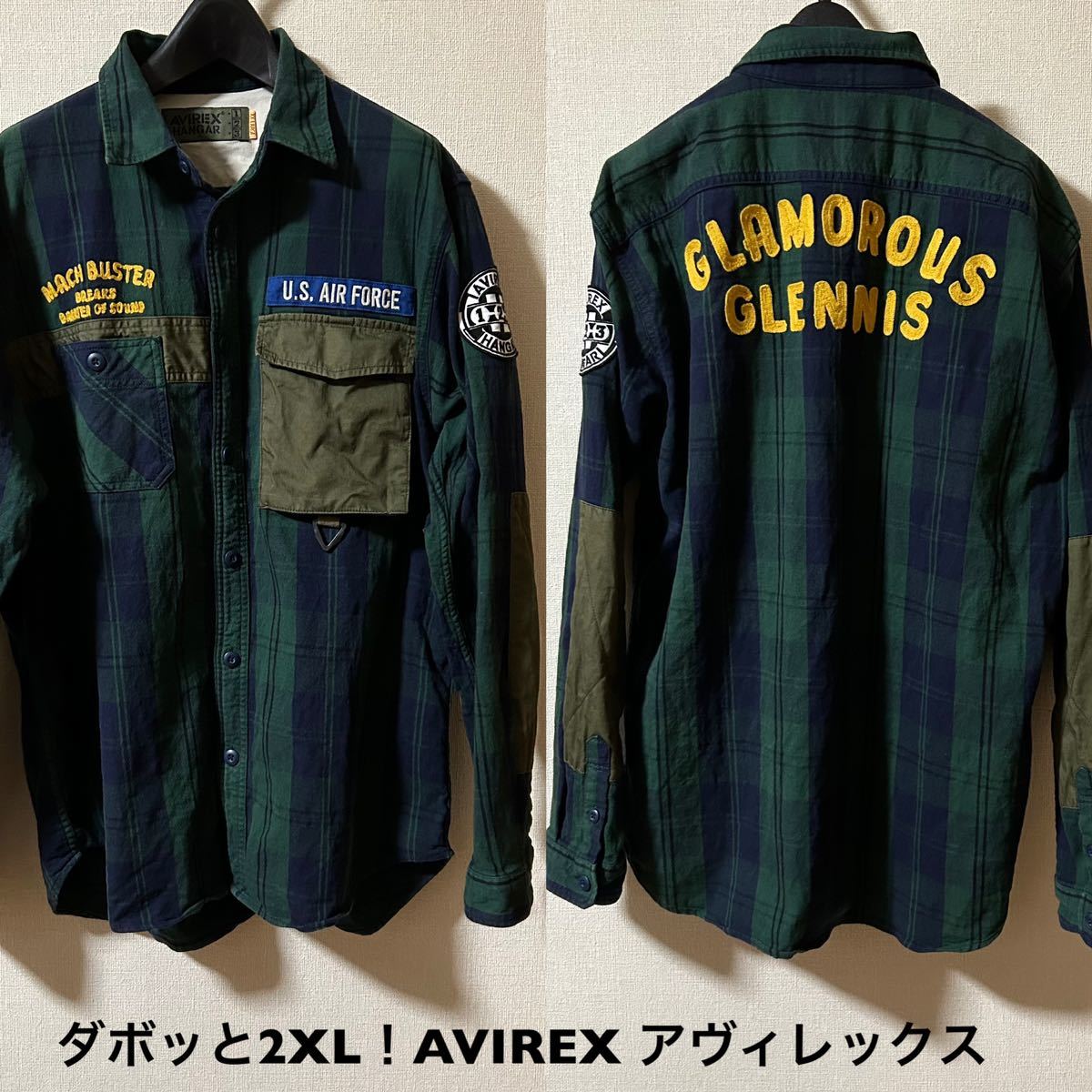 ダボッと2XL！AVIREX アヴィレックス 古着長袖ネルチェックシャツ AVIREX HANGAR イエーガー カスタムチェックシャツGLAMOROUS GLENNIS_画像1