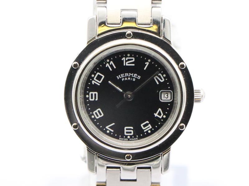 【 エルメス HERMES 】腕時計 CL4.210 クリッパーナクレ SS クォ―ツ ブラック文字盤 デイト レディース 新着 11005-0