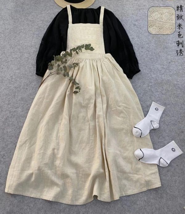 yh a　亜麻色 麻100％　豪華刺花柄　サロペットスカート　フリーサイズ　季節にピッタリ　ゆったりとした　スカート　オシャレ　(0)_この色になります