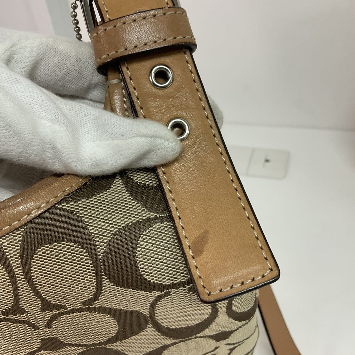 営FU727-100◆ COACH／コーチ シグネチャー キャンバス×レザー ベージュ トートバッグ ショルダーバッグ (2点まとめ)_画像7