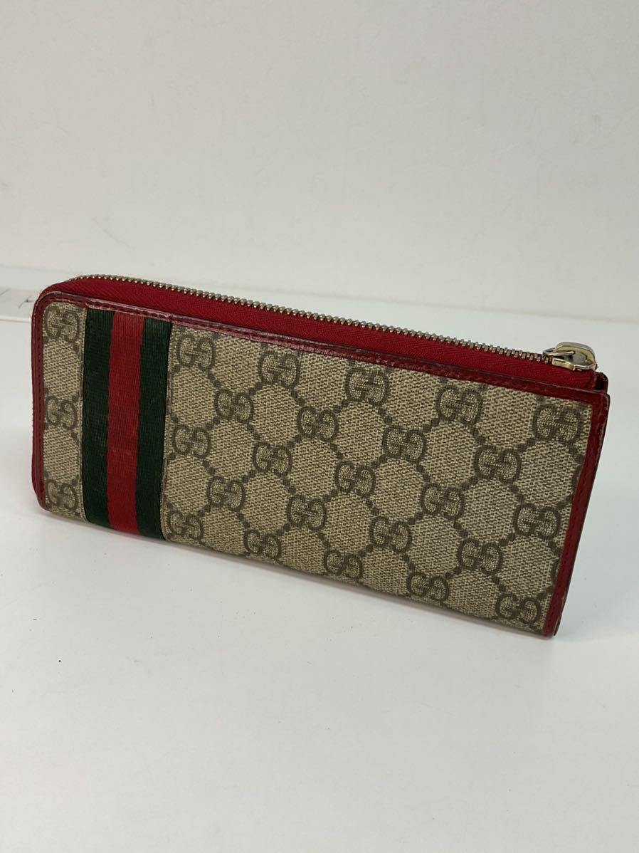 SKT527-60◆ GUCCI ／グッチ 2957・63・2778 シェリーライン GGスプリーム ベージュ レッド L字ファスナー 長財布_画像1