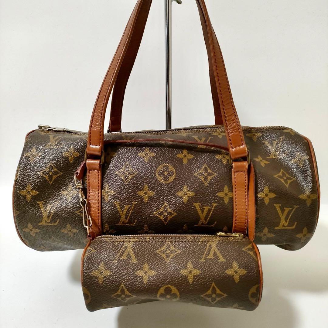 ルイヴィトン LOUIS VUITTON 親子 旧パピヨン30 モノグラム ポーチ付き セット ハンドバッグ ミニボストン ドラム 筒型 ブラウン_画像1