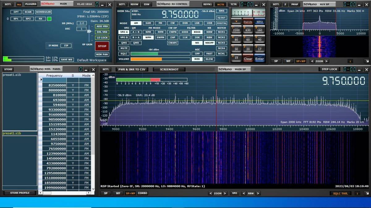 MSI_ SDR SYS_905 10K- 2GHz SDR ラジオ MSI001 -2500 SYSTEM ALケース 入り_受信ソフト動作画面例です。