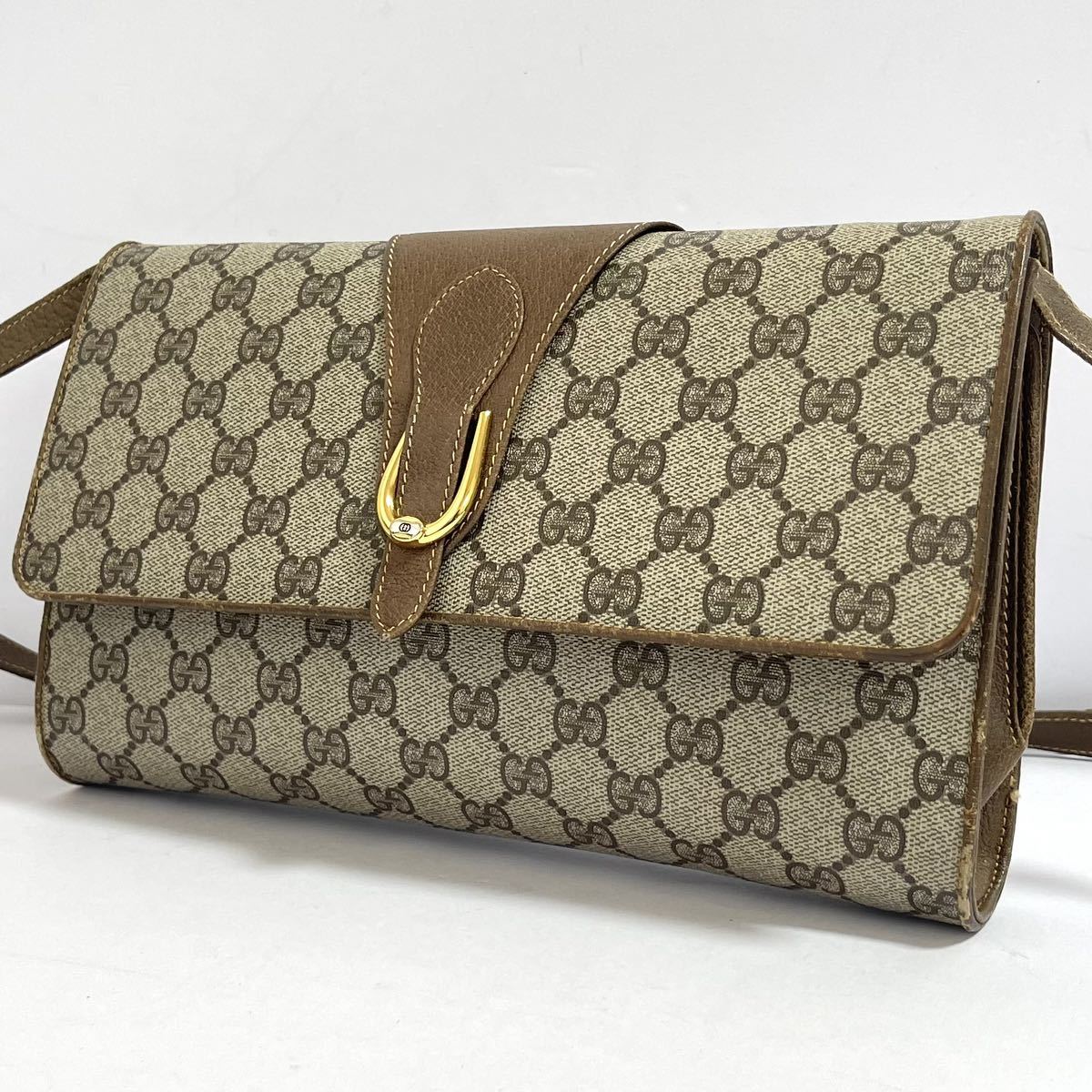 1円 ◎ GUCCI グッチ オールドグッチ GGスプリーム ショルダーバッグ PVC レザー ブラウン 94.02.050 ホースシュー ゴールド金具 _画像1