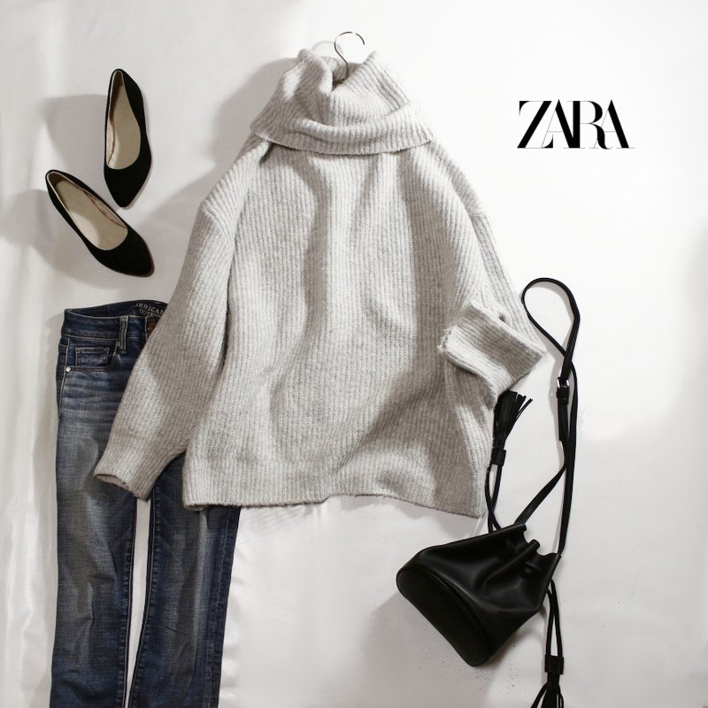 美品 厚手 ZARA ザラ あったか もっちり 暖か タートルニットセーター タートルネック ニットセーター M ライトグレー ボリュームタートル_画像1