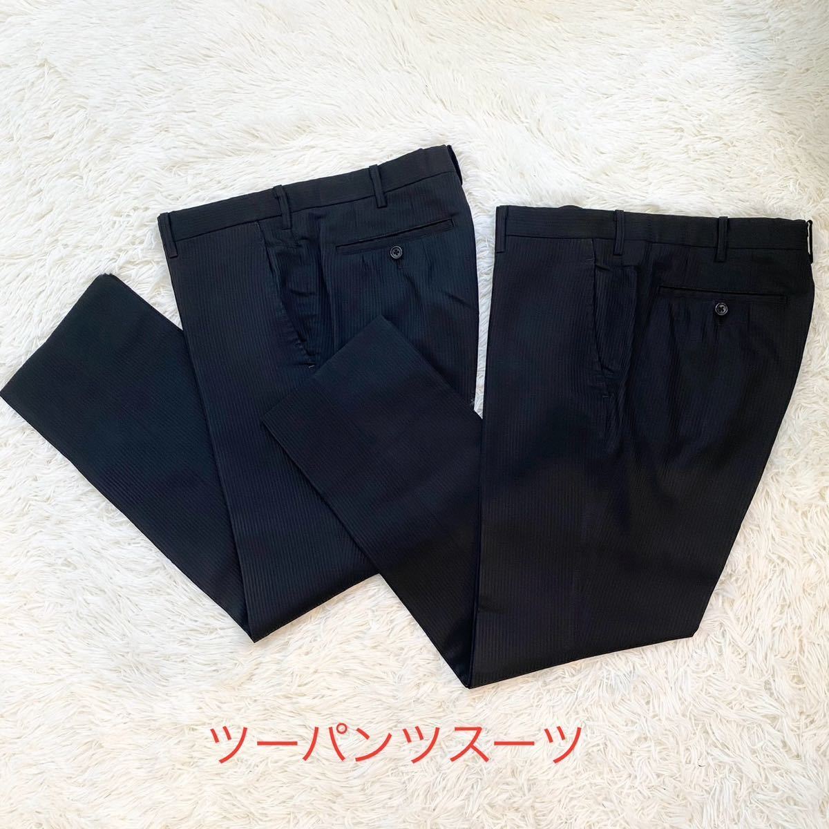 L-XL相当 1円 ツーパンツスーツ TAKEO KIKUCHI シャドーストライプ ブラック セットアップ タケオキクチ ジャケット メンズ ビジネス 黒_画像2