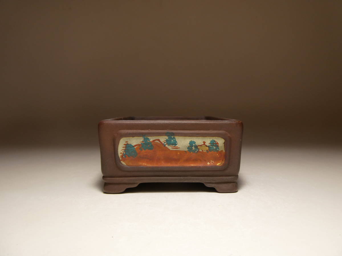 ◇陶翠　紫泥額入赤絵長方鉢　10.1×7.8×3.7cm_画像2