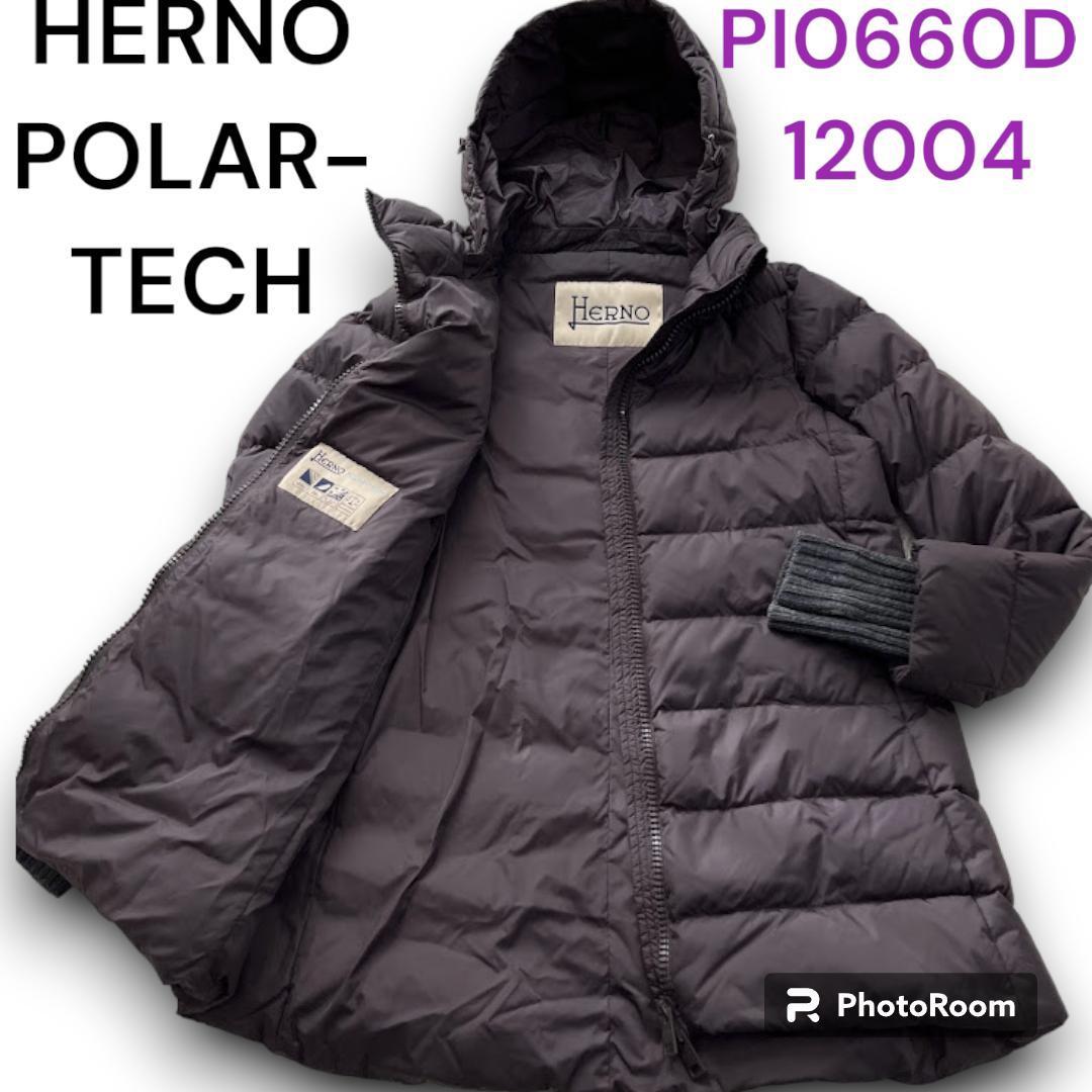 ヘルノ HERNO POLAR-TECH ダウンコート PI0660D 12004 XL ロング丈 ロングコート Aライン グレー 羽織り フード ジップ ニット切り替え_画像1