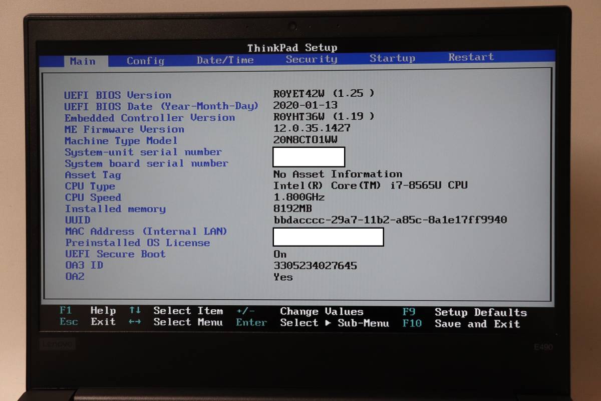 M111. Lenovo / ThinkPad E490 / 20N8CTO1WW / Core i7-8665U / 8GBメモリ / SSDなし / 通電確認・ジャンク_画像5