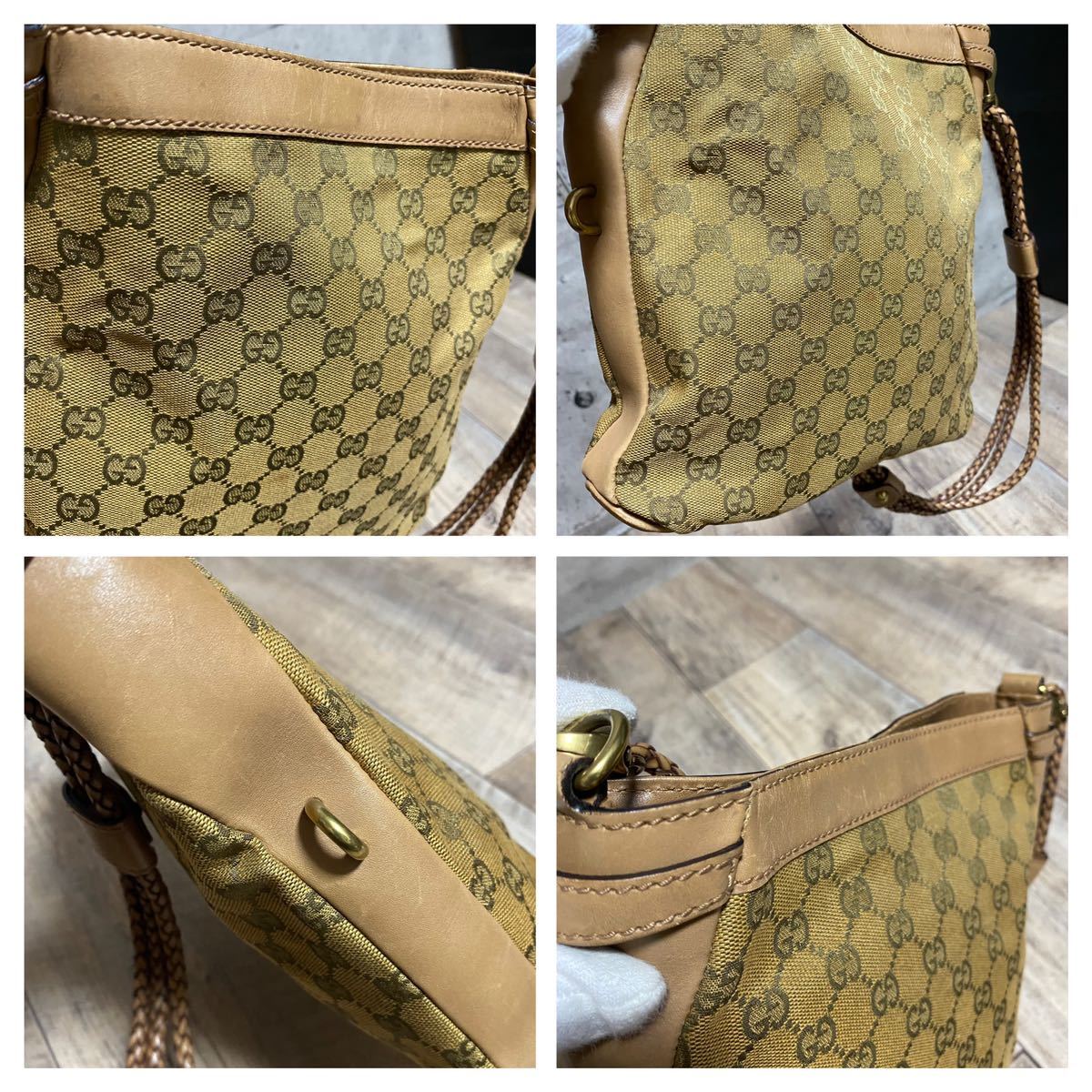 本物☆GUCCI グッチ GG柄 キャンバス レザー ミニショルダーバッグ 斜めがけ ポシェット ブラウンベージュ ボディバッグ レディース メンズ