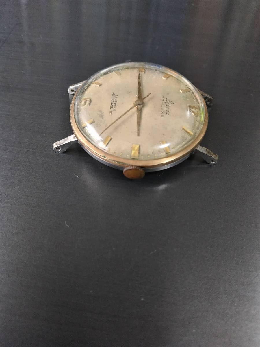 古い腕時計　不動品（落下品）LACO　DE-LUXE　21JEWELS　ANTIMAGNETIC　手巻き　34ｍｍ　_画像4