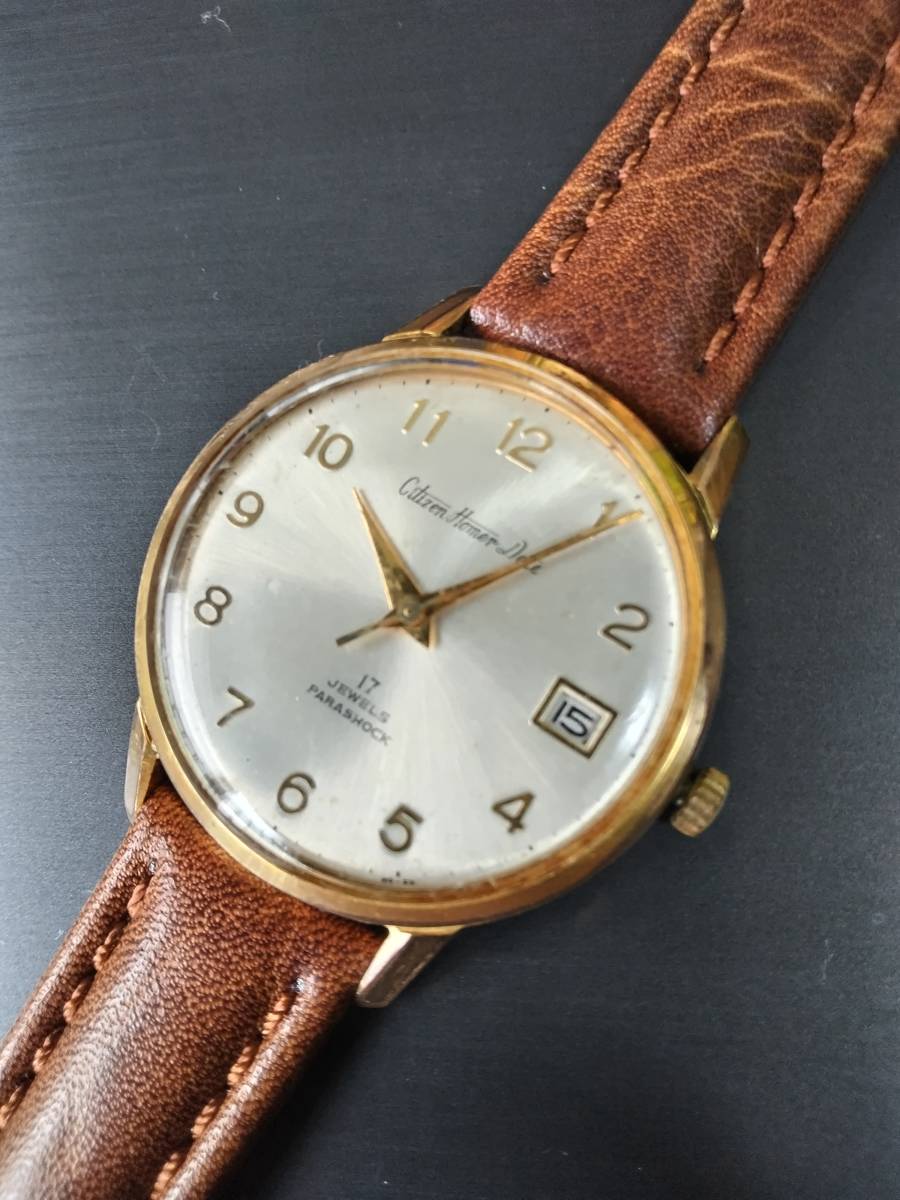 古い腕時計　CITIZEN　HOMER　DATE　17JEWELS　PARASHOCK　稼働品　全数字　37ｍｍ　_画像8