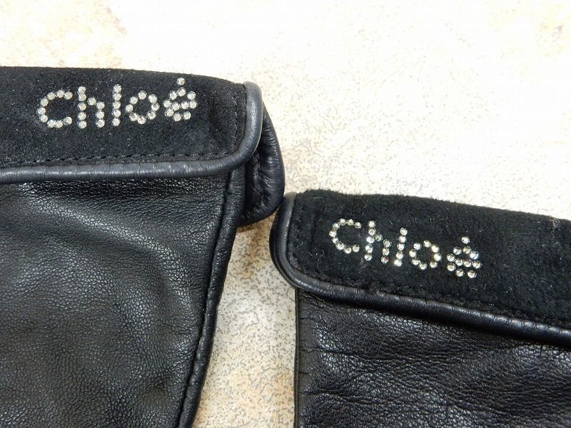 1円〜!! Chloe/クロエ ラインストーン ロゴ / レザー ロンググローブ/手袋 スリランカ製 【6085y1】_画像2