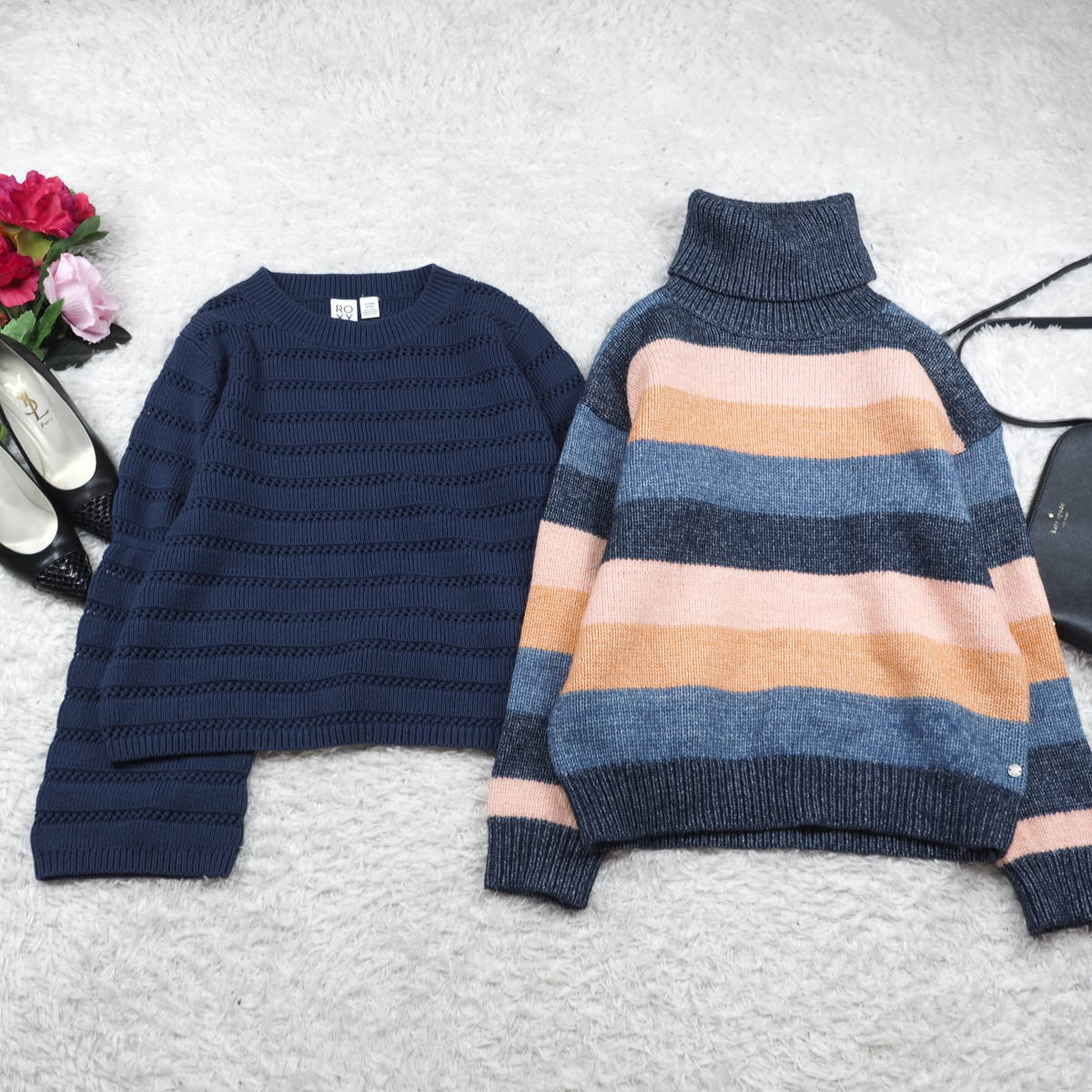 G6088.89*ROXY Roxy * knitted * sweater * pull over *ta-toru neck *2 point set * set sale * navy blue navy *XS