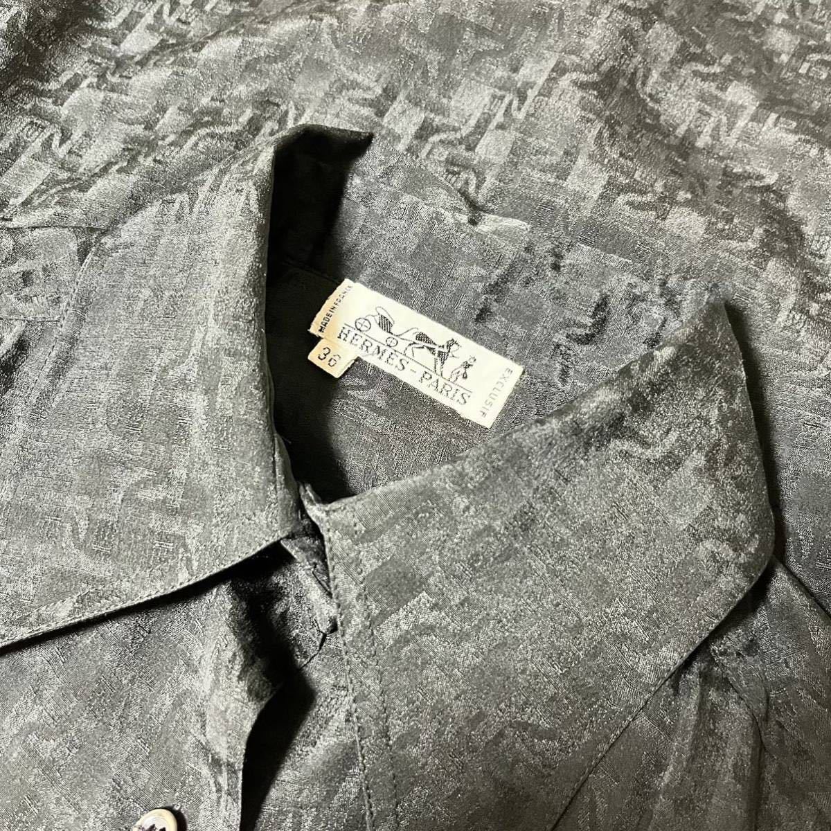 90s HERMES SILK 100% l/s shirt 総柄シャツ 長袖 made in france 36 黒　エルメス ヴィンテージ 90年代 絹 シルク _画像5