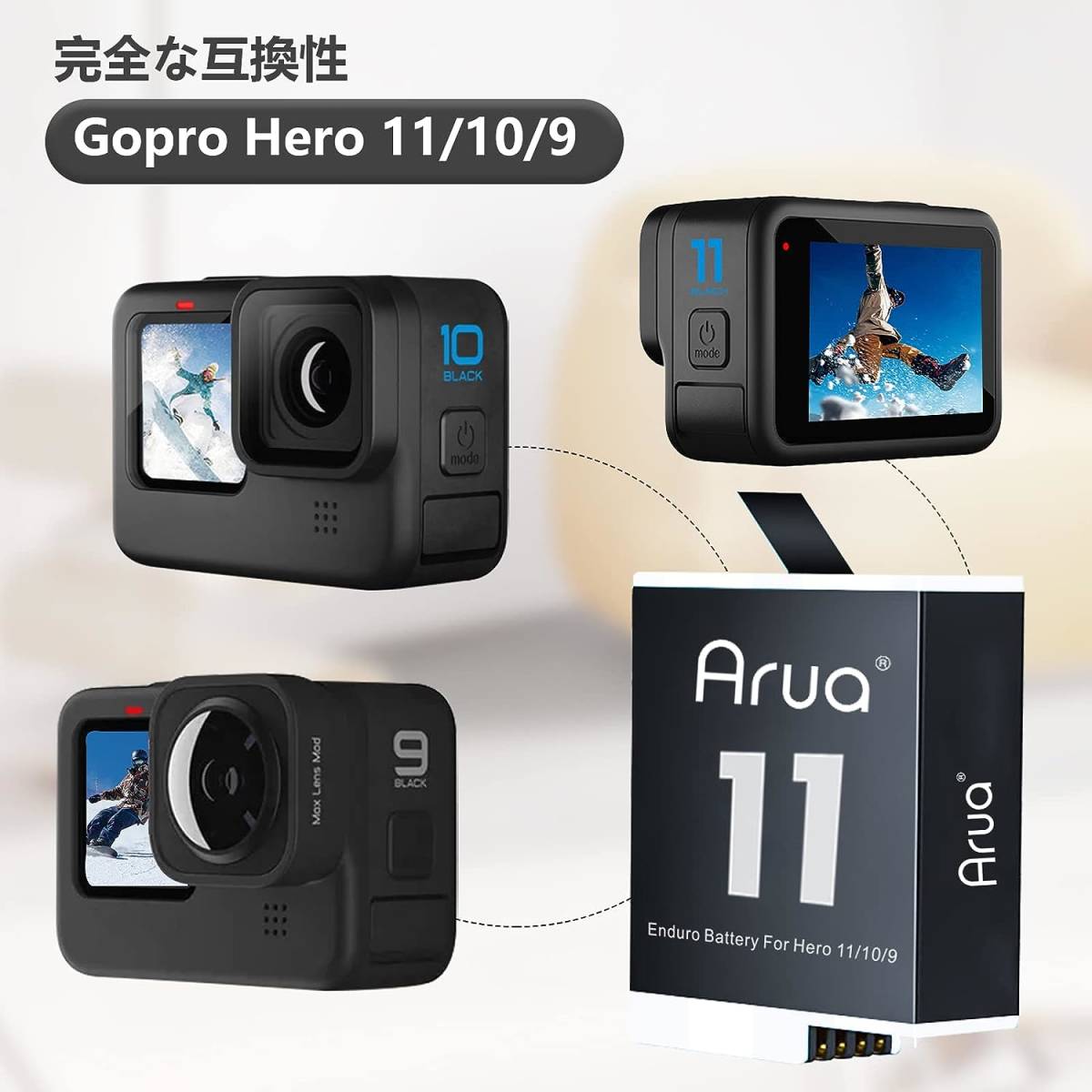 Arua 低温環境下対応 Gopro Hero12/11/10/9 バッテリー Enduro 1個入り 充電量表示 充電器ケーブル一体型 _画像2