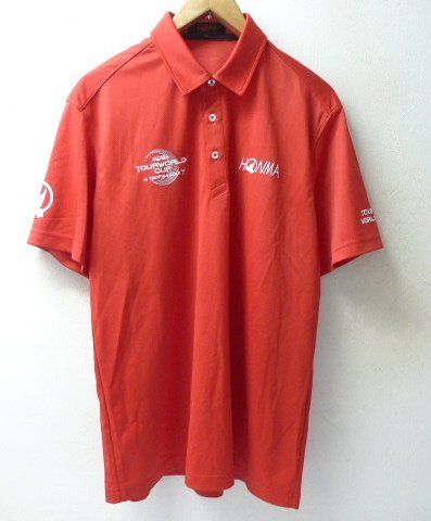 ◆HONMA GOLF 本間ゴルフ LL 美品 ツアー ワールドカップ 刺繍 ロゴ刺繍 ドライ ポロシャツ 赤 サイズLL_画像1