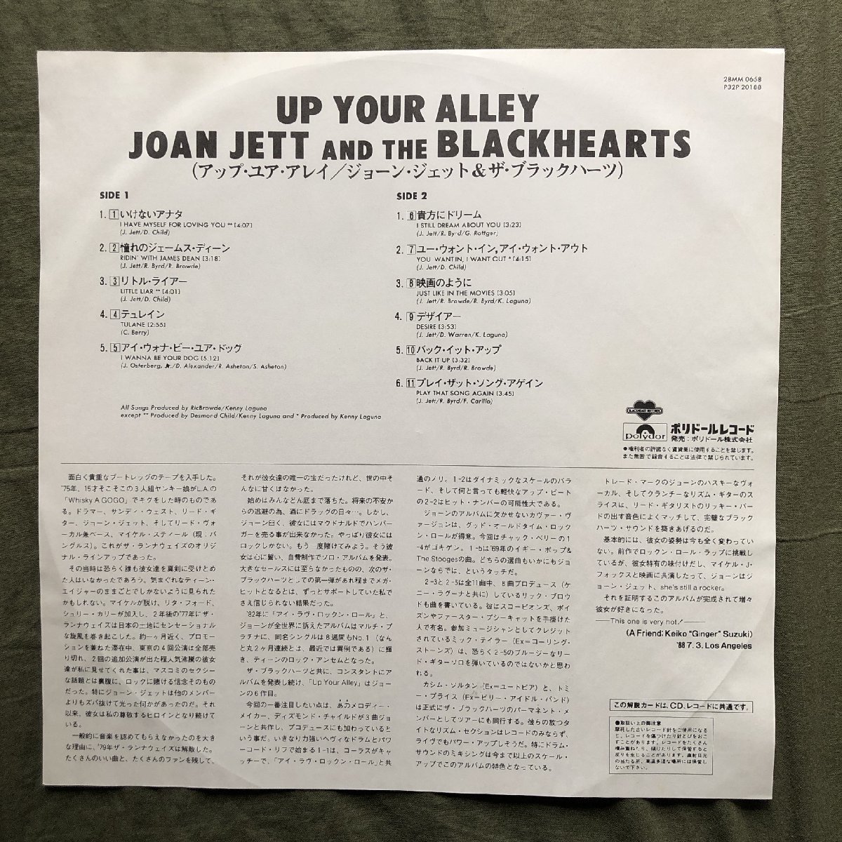 傷なし美盤 プロモ盤 レア盤 1988年 国内初盤 Joan Jett & The Blackhearts LPレコード Up Your Alley 帯付 I Hate Myself for Loving You_画像6