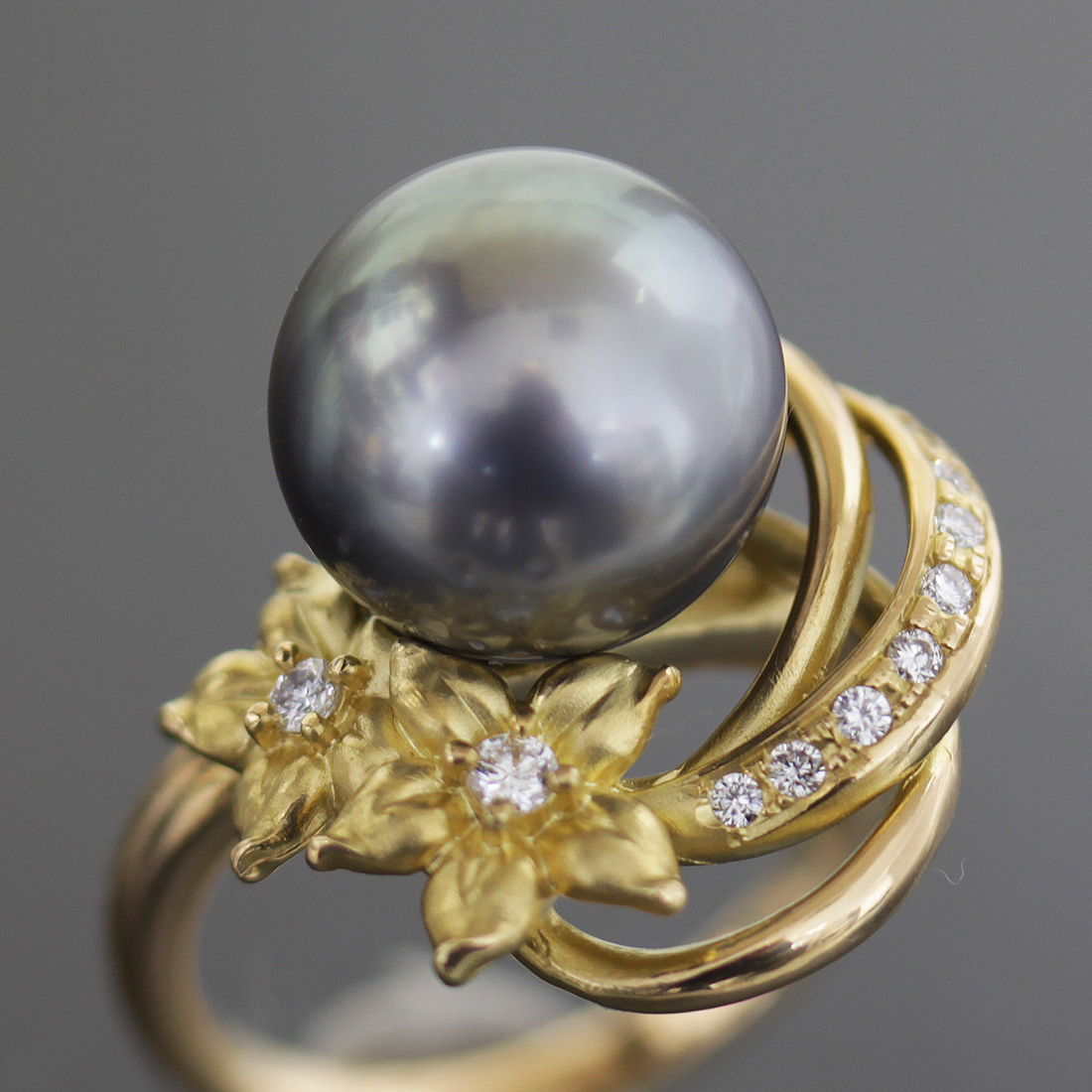 上品スタイル フラワー K18●指輪 11号 リング 0.12ct ダイヤ 黒蝶 11.5mm パール タサキ 8.8g 5553A TASAKI 田崎真珠 新品仕上済 指輪