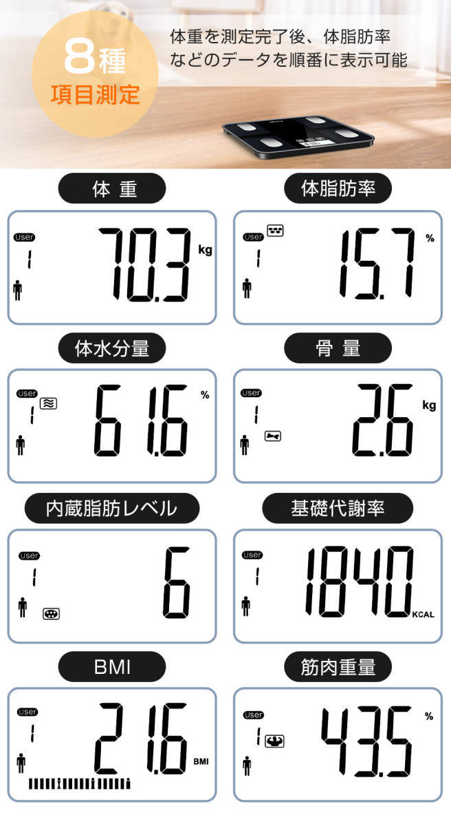 体重計 ホワイト 高精度 内臓脂肪 体組成計 デジタル 体脂肪計 ブラック 収納 基礎代謝 体組織計 ダイエット 筋肉量 ヘルスメーター_画像2