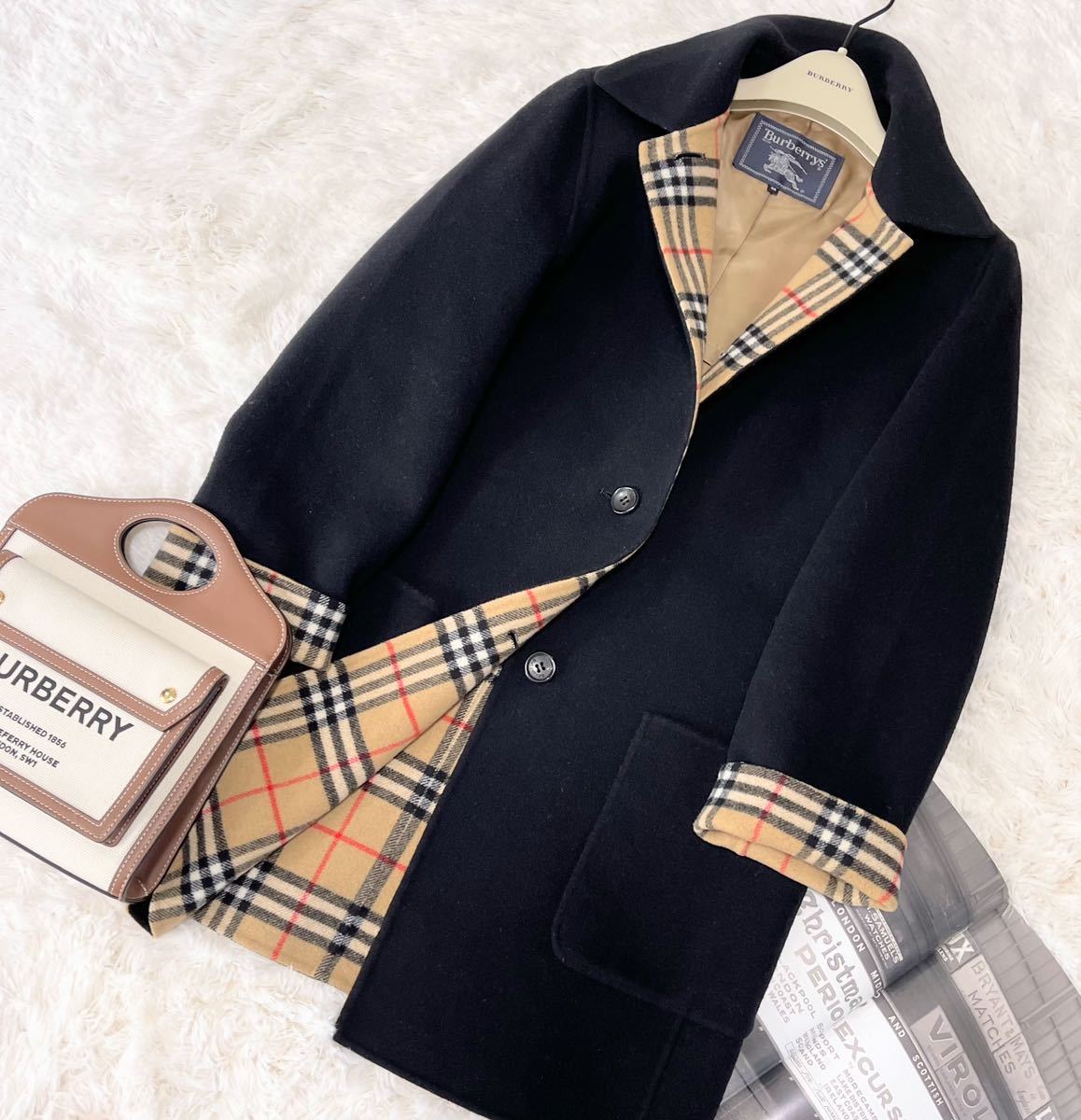 美品 バーバリー BURBERRY ウールコート ノバチェック カシミヤ混 ダブルフェイス ブラック38 Burberrys バーバリーロンドン _画像4