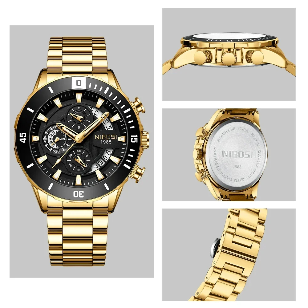 NIBOSI メンズ 腕時計 2592 クオーツ カジュアル スポーツ ビジネス ウォッチ クロノグラフ ステンレス バンド 時計 ゴールド × ブラック_画像5