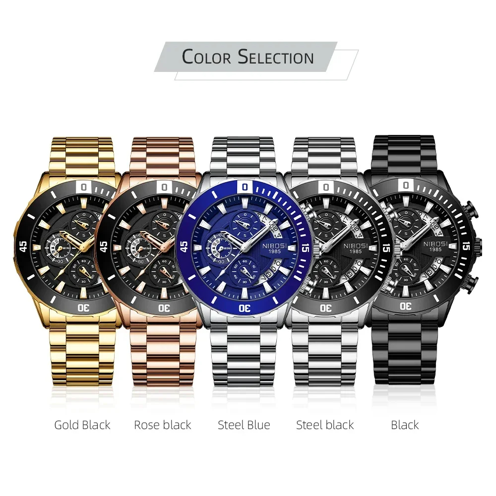 NIBOSI メンズ 腕時計 2592 クオーツ カジュアル スポーツ ビジネス ウォッチ クロノグラフ ステンレス バンド 時計 ゴールド × ブラック_画像6
